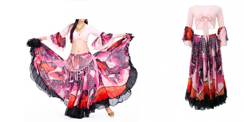 imagem Conjunto de Saia & Blusa para Dança Cigana & Dança do Ventre 720 GRAUS cores lisas e fortes (tipo seda) de tecido leve e de qualidade para uso ocasional ou festa. Plano de ROSA.