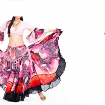 imagem Conjunto de Saia & Blusa para Dança Cigana & Dança do Ventre 720 GRAUS cores lisas e fortes (tipo seda) de tecido leve e de qualidade para uso ocasional ou festa. Plano de ROSA.