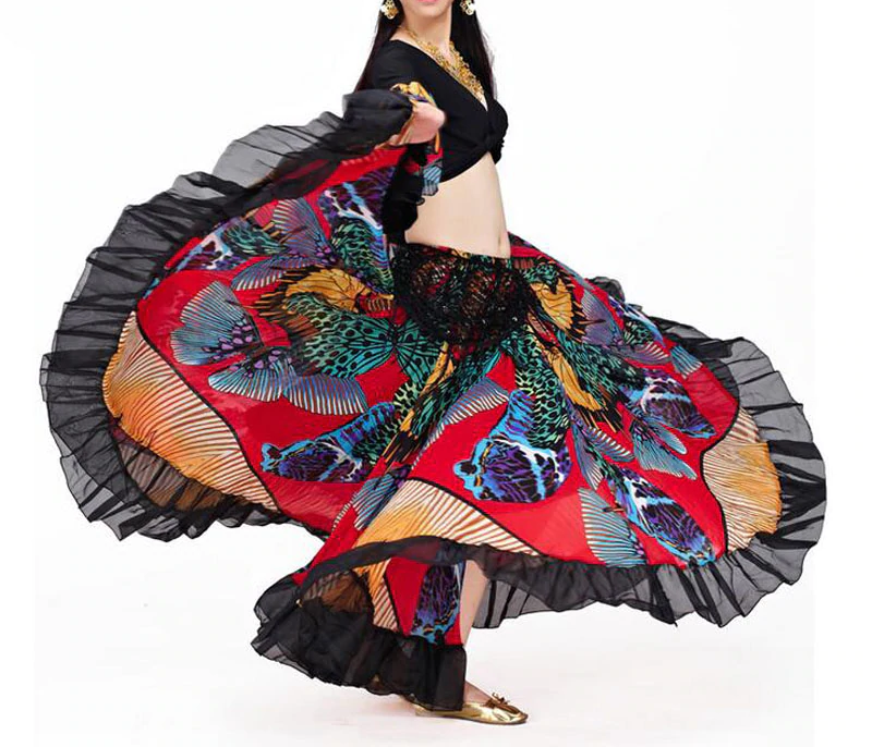 imagem Conjunto de Saia & Blusa para Dança Cigana & Dança do Ventre 720 GRAUS cores lisas e fortes (tipo seda) de tecido leve e de qualidade para uso ocasional ou festa. Plano de PRETA.