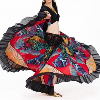 imagem Conjunto de Saia & Blusa para Dança Cigana & Dança do Ventre 720 GRAUS cores lisas e fortes (tipo seda) de tecido leve e de qualidade para uso ocasional ou festa. Plano de PRETA.