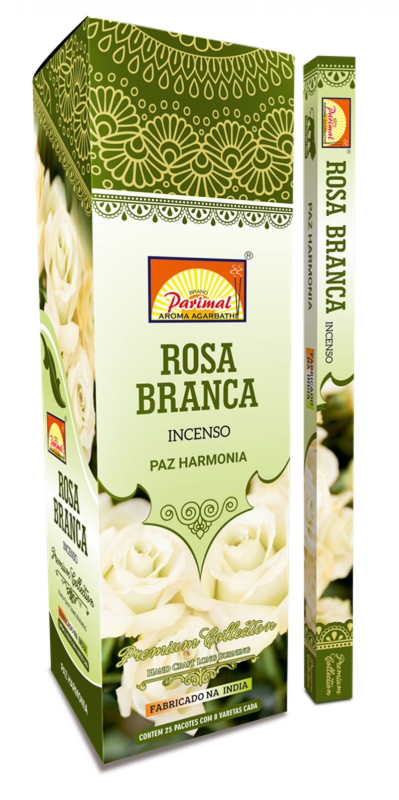 imagem INCENSO PARIMAL - Rosa Branca - Paz e Harmonia - Caixinha c/8 varetas em cada e/ou Caixa grande contendo 25 caixas de 8 varetas 