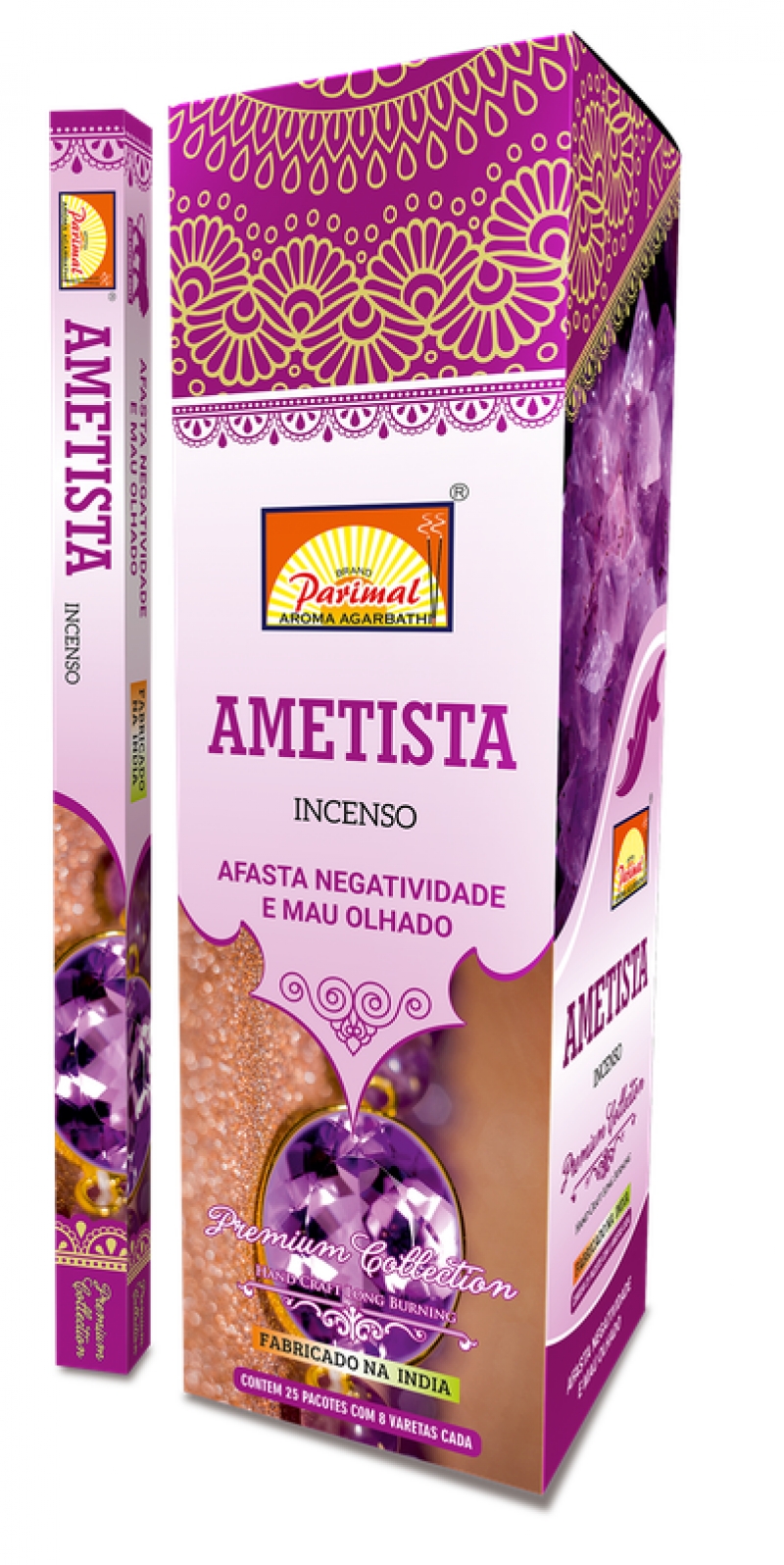 imagem INCENSO PARIMAL - Ametista - Afasta negatividade e mau olhado  -  Caixinha c/8 varetas em cada e/ou Caixa grande contendo 25 caixas de 8 varetas 