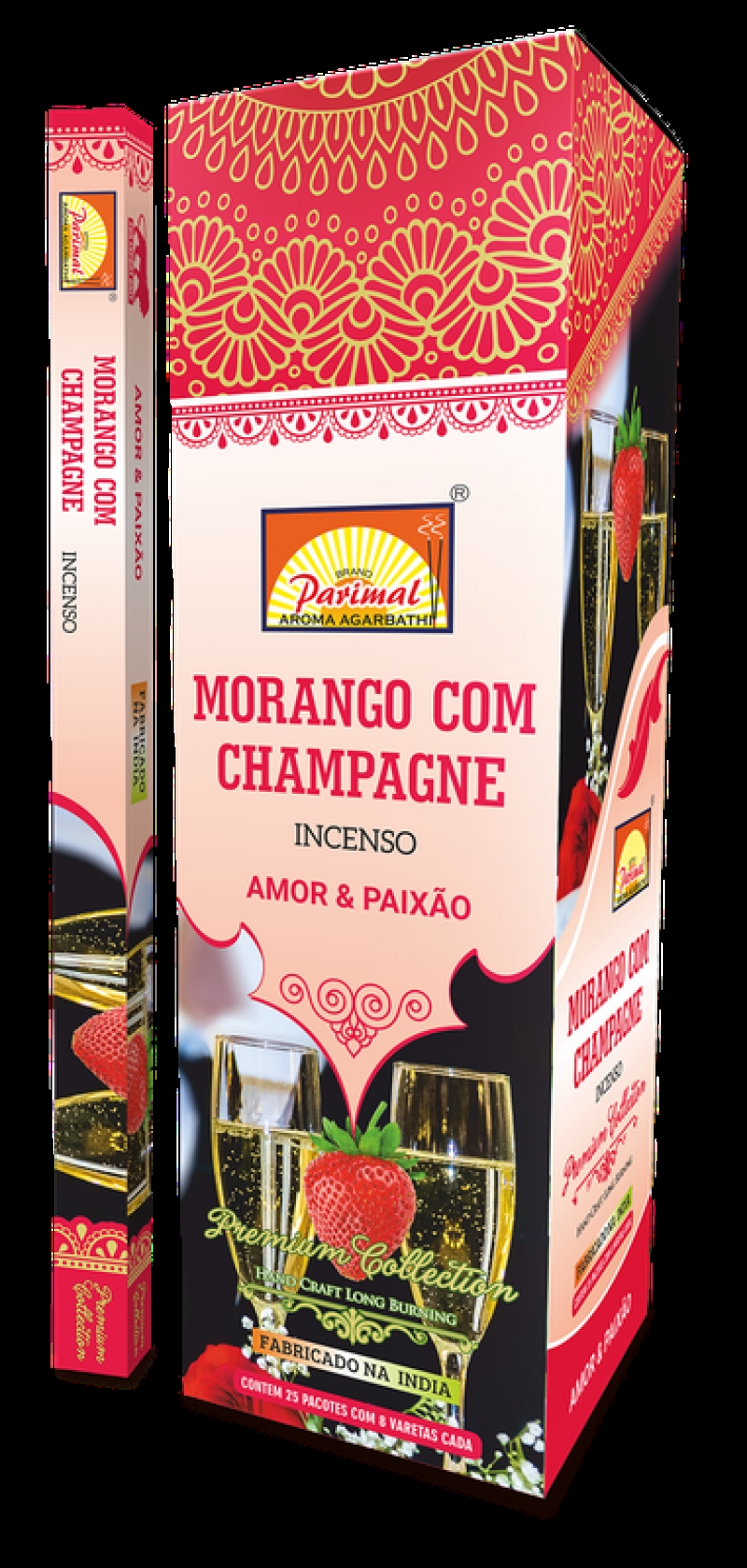 imagem INCENSO PARIMAL - Morango com champagne - amor e paixão -  Caixinha c/8 varetas em cada e/ou Caixa grande contendo 25 caixas de 8 varetas