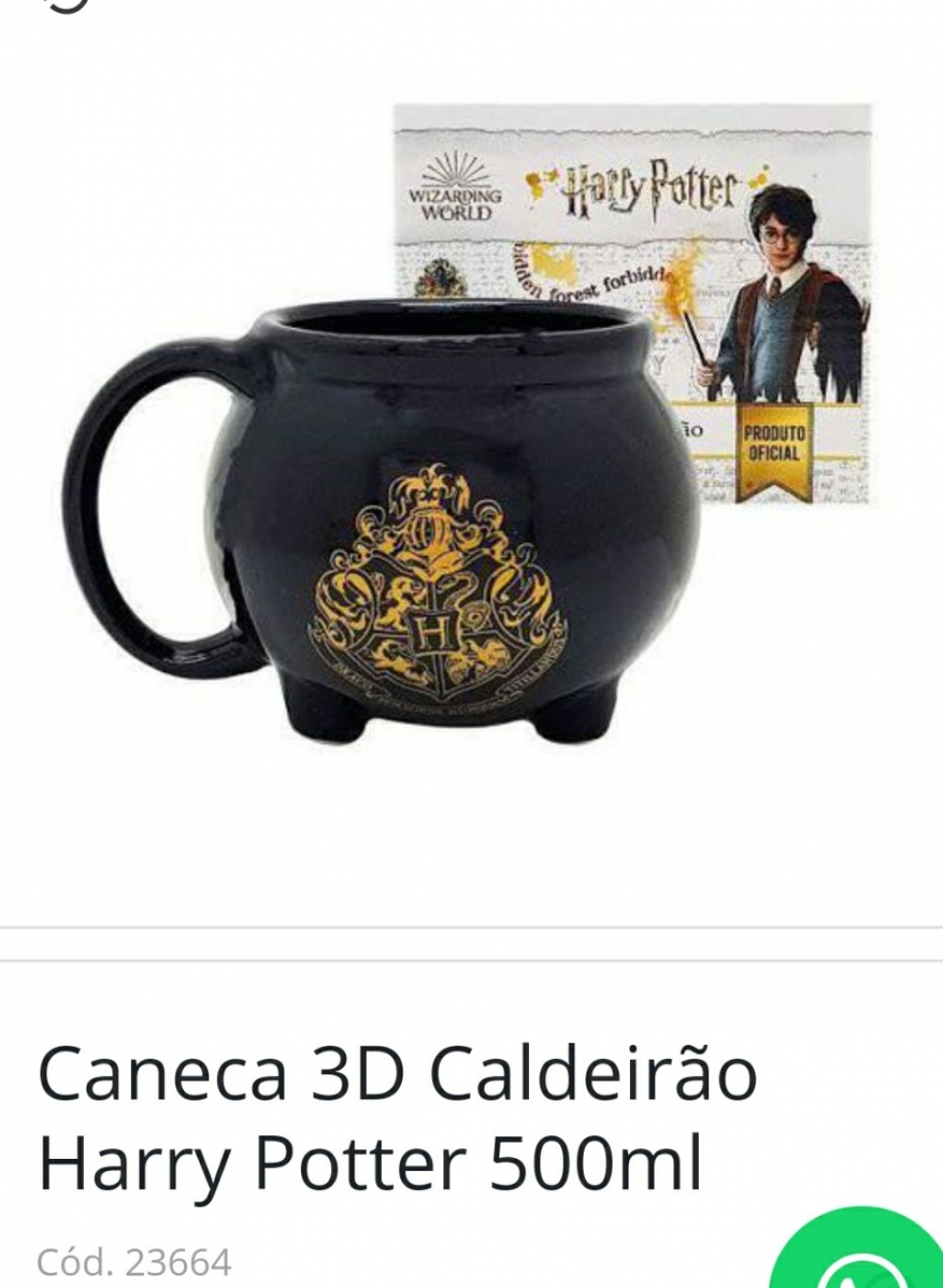 imagem Caneca Caldeirão Hogwarts Harry Potter 3d Licenciada 500ml