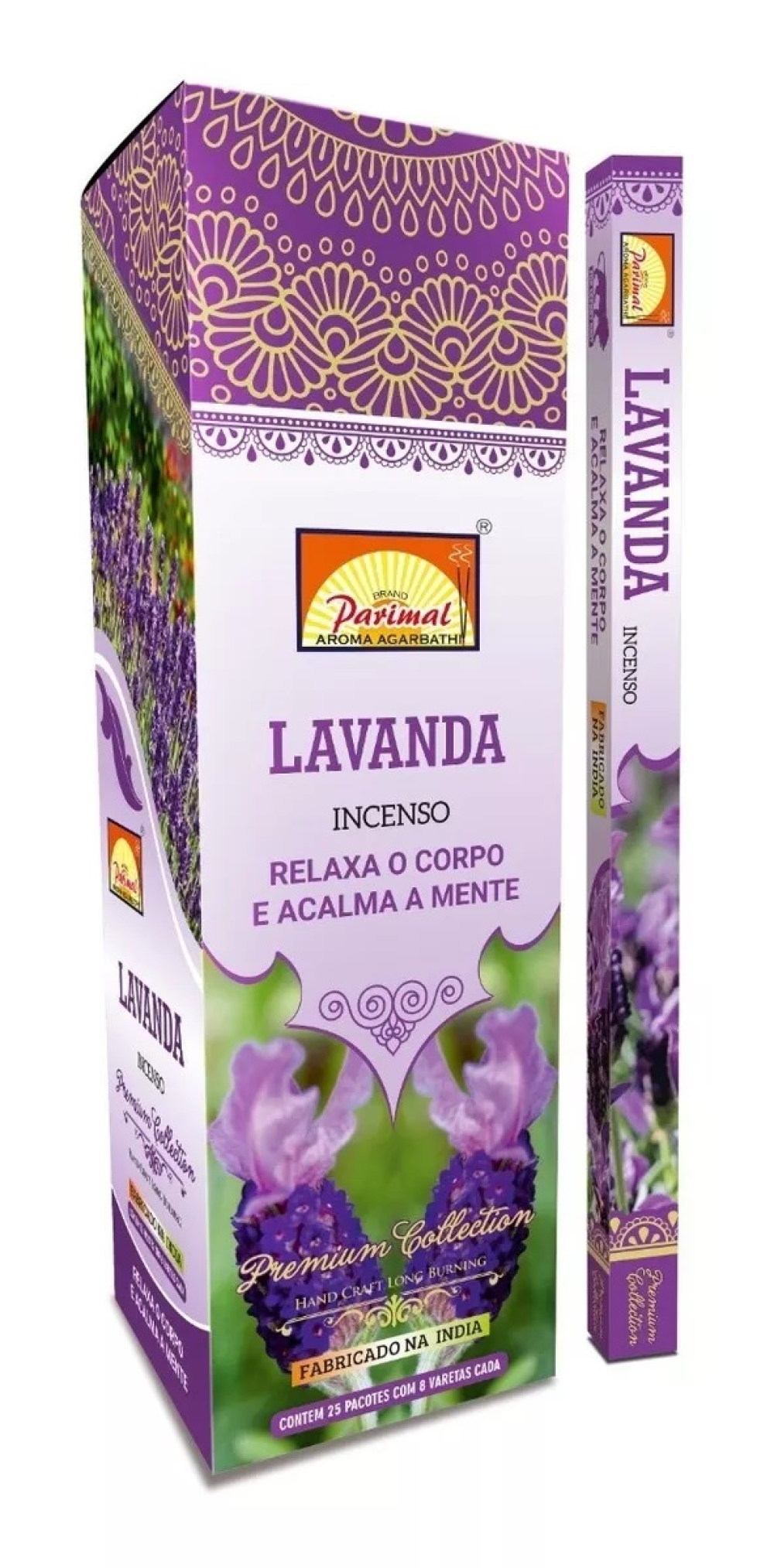 imagem INCENSO PARIMAL - Lavanda - Relaxa o Corpo e Acalma a Mente - Caixinha c/8 varetas em cada e/ou Caixa grande contendo 25 caixas de 8 varetas