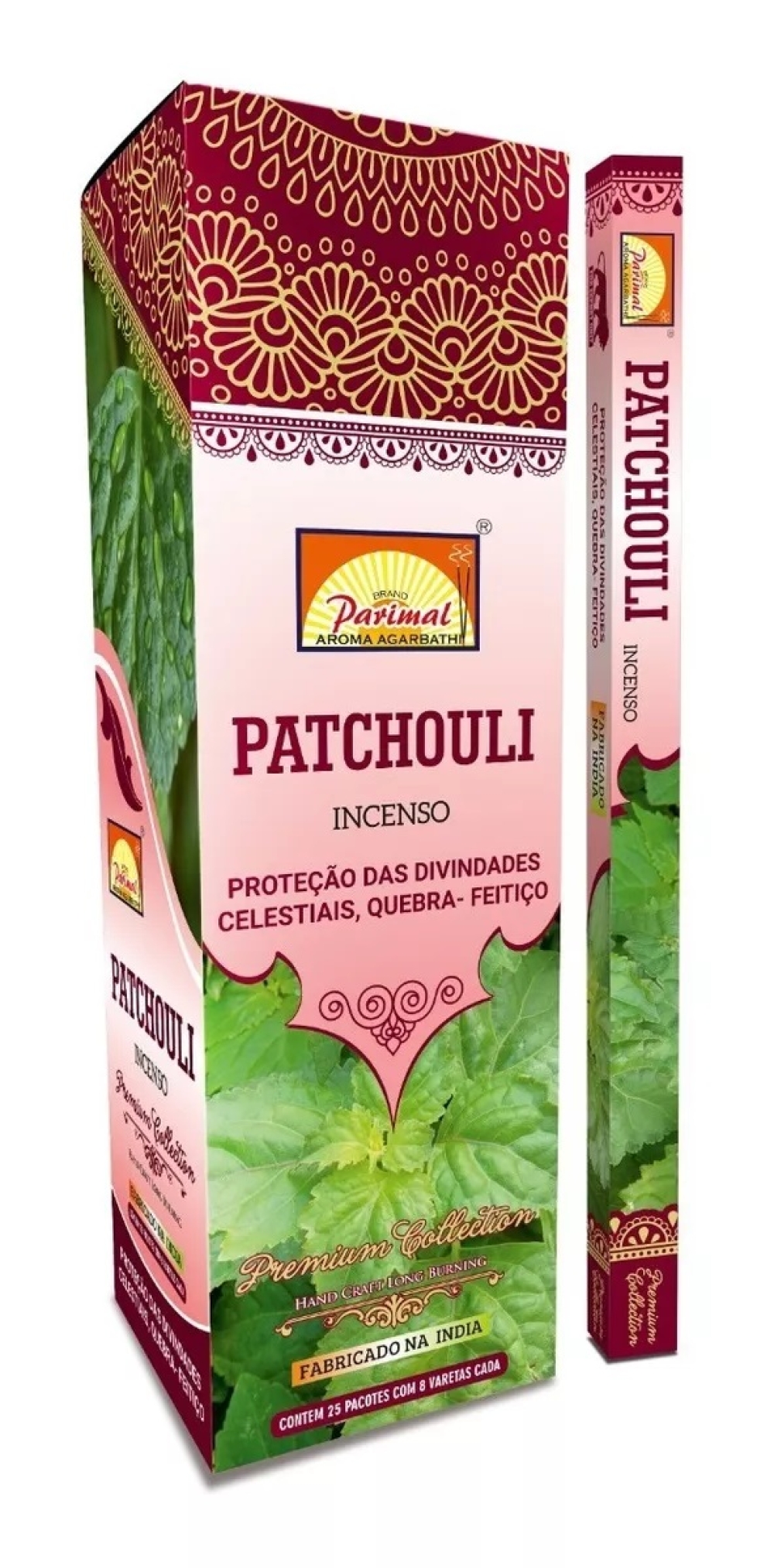 imagem INCENSO PARIMAL - PATCHOULI - Proteção das Divindades Celestiais, Quebra Feitiço - Caixinha c/8 varetas em cada e/ou Caixa grande contendo 25 varetas.